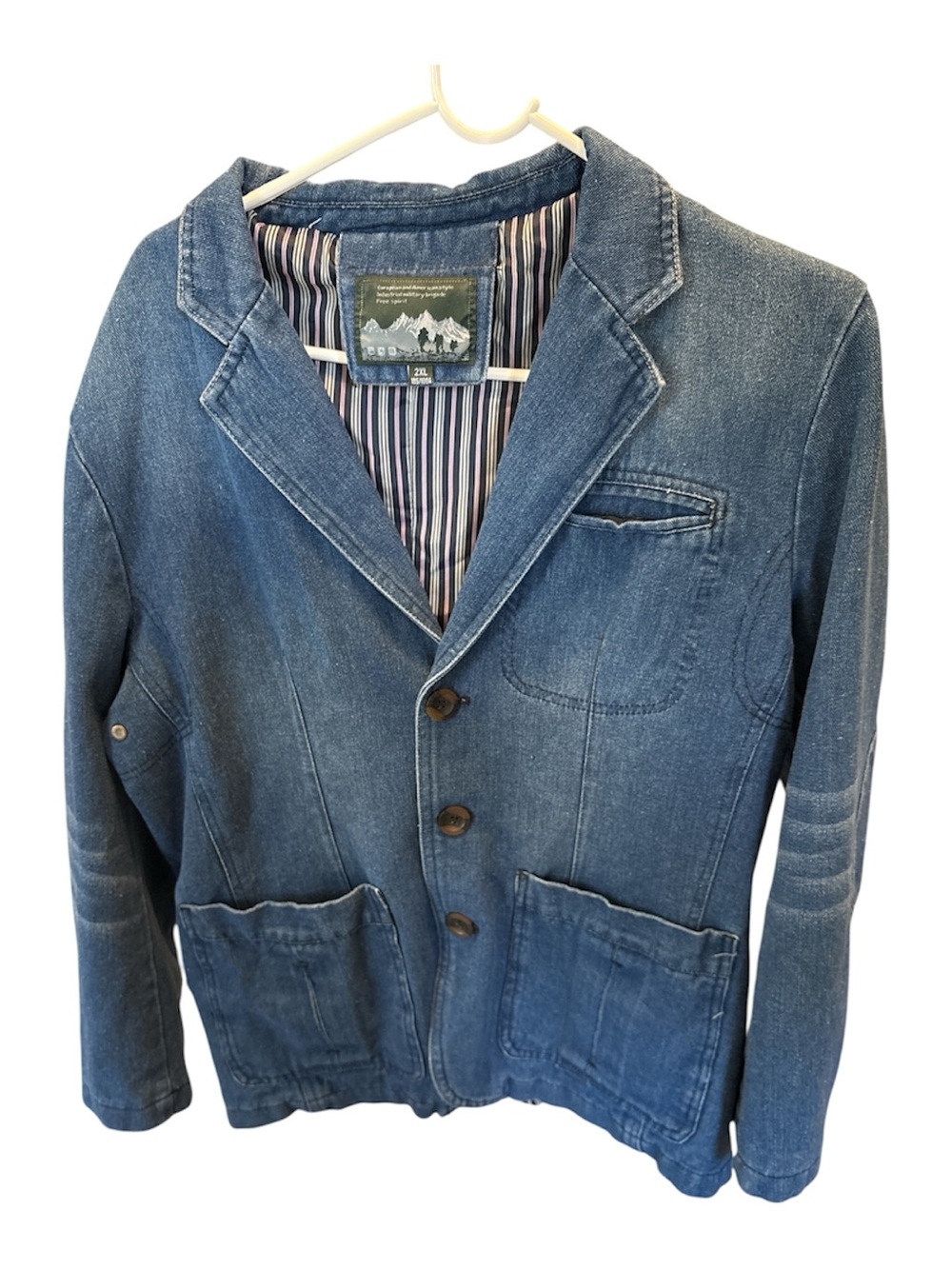 European American Style Industrial Military Brigade 2XL Blue Denim Blazer Jacket
